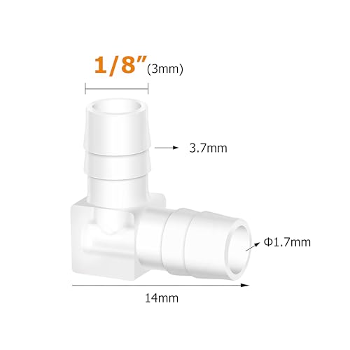 Quickun 1/8" Hose Barb 90 Degree Elbow L Fitting, Plastic 2 Way Equal Barbed Joint Splicer Mender Union Adapter Hose Fitting (Pack of 7) - size: 1/8" (7Pcs)