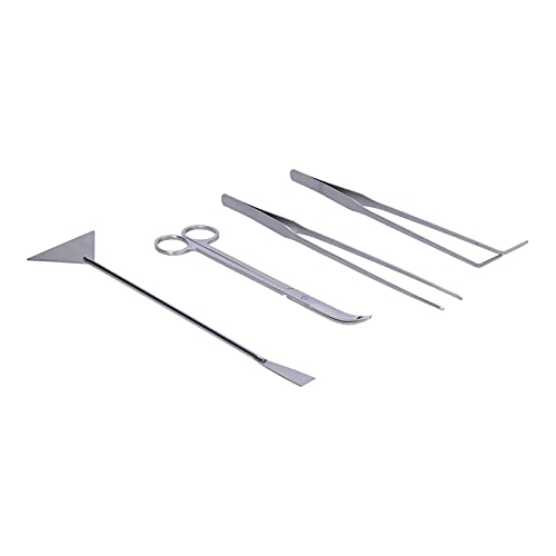4 in 1 Aquarium Tools Kit, Aluminum Alloy Aquascaping Tool Set with Straight and Curved Tweezers, Spatula, Scissors for Planted Fish Tank Maintenance