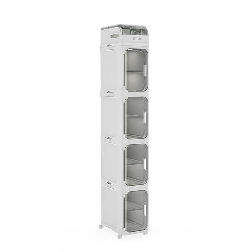 BINSIO 5-Tiers Slim Bathroom Organizers and Storage, Bathroom Counter Organizer, Toilet Paper Storage, Foldable Organizer Storage Cabinet, Portable Laundry Room Organization, Plastic White Clear Doors - size: 5 Tiers