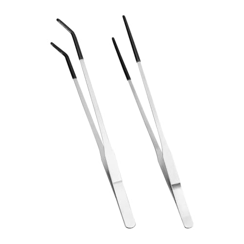 2 Pcs Stainless Steel Reptile Feeding Tweezers, Long Straight Curved Tweezers for Aquarium Fish Tank Plant Terrarium Bearded Dragon Food Tongs with Rubber Tip