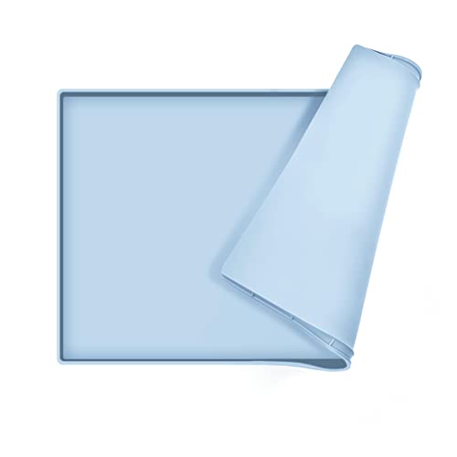 Dog Food Mat,Silicone Waterproof Food Tray,Non Slip Pet Bowl Mats Placemat,0.6" Raised Edge,Suitable for Most Small and Medium Sized Pets,18.5" x 11.5" - color: Warship Blue, size: 18.5" x 11.5"