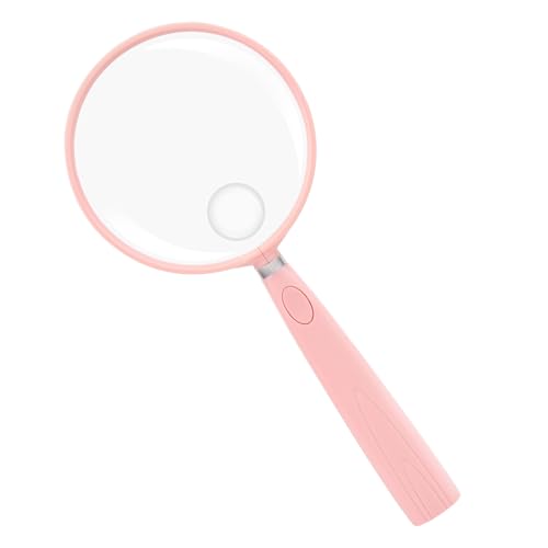 Feosky Handheld Reading Magnifier, 10X Magnifier, 90mm Shatterproof Lens, Non-Slip Handle for Adults Close Work, Seniors Reading and Nature Exploration, Hobby Observation(Pink) - color: Pink, size: 90mm
