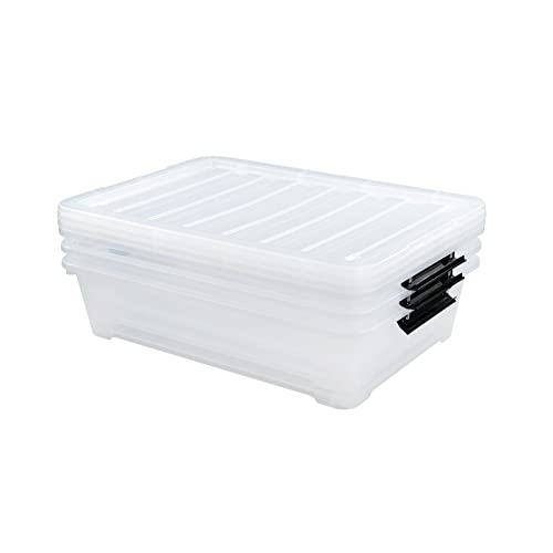 40 Quart Plastic Underbed Storage Box, Large Clear Shallow Box with Wheels Set of 3