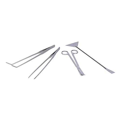 4 in 1 Aquarium Tools Kit, Aluminum Alloy Aquascaping Tool Set with Straight and Curved Tweezers, Spatula, Scissors for Fish Tank Plant Cleaning and Substrate Maintenance