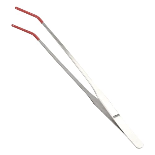 Stainless Steel Reptile Feeding Tongs, Curved Aquarium Tweezers with Rubber Tip, Terrarium Tongs for Gecko, Lizard & More, 10.63" Length, Red