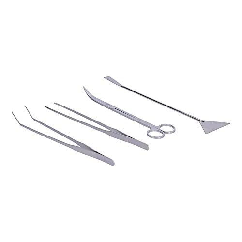 4 in 1 Aquarium Tools Kit, Aluminum Alloy Aquascaping Tool Set with Straight and Curved Tweezers, Spatula, Scissors for Planted Fish Tank Maintenance