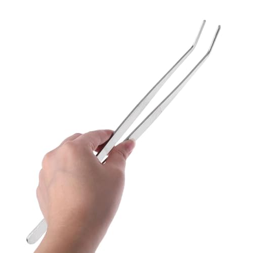 MMOBIEL Stainless Steel Tweezers 20cm / 8inch with curved 60 Degree Serrated Tip Professional Multi Purpose Tongs Tool for Industrial work, Laboratory Use, Gardening, Cooking