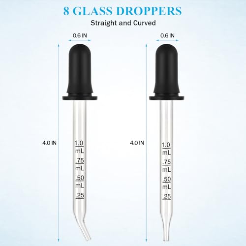 Herain Eye Dropper 8 Pack, Glass Pipette Dropper, 1 ml Droppers Tool for Essential Oils, Crafts, Ear Eye, Lab, Measuring and Transferring a Variety of Liquids, Bent & Straight Tips - style: Large Rubber Bulb-8pcs