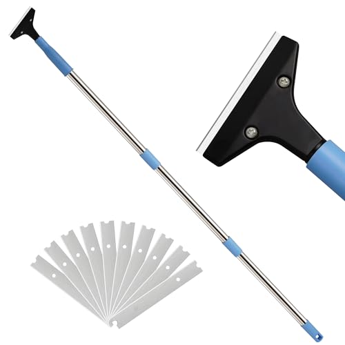 Heavy-Duty Floor Scraper with Long Handle (37''-51.5''), 4-Inch Metal Scraper Cleaning Tool, Comes with 10 Blades, Suitable for Cleaning Walls, Glass, Adhesives, Chewing Gum, and Ceilings - size: 51.5in
