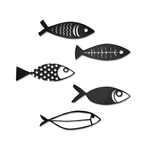 Rajukit 5 Pcs Metal Fish Nautical Beach Wall Decor Hanging Wall Sculpture Decor Lake House Ocean Decor Vintage Fish Ornaments for Home Bathroom Bedroom Kid's Room