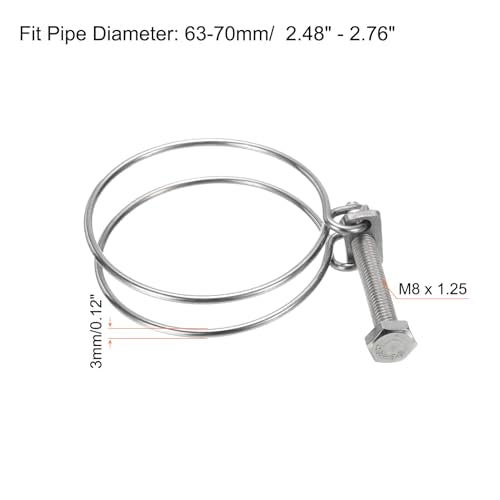 uxcell 10Pcs Double Wire Hose Clamp, 63-70mm Adjustable Stainless Steel Wire Hose Clips with M8 Bolt for Dust Collection Hose, Pump Hose Pipe - size: 63-70mm