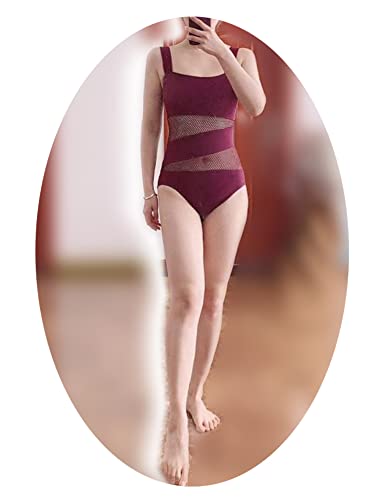 Women's Mesh Swimsuits One Piece Cutout Bathing Suits Backless Hollow Out Swimwear Sexy See Through High Cut Monokini - color: Burgundy, size: 6