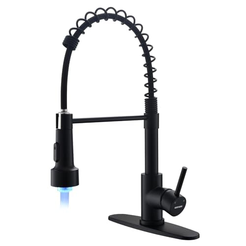 WEWE Kitchen Faucets with LED Light, Kitchen Faucet with Pull Down Sprayer Commercial Stainless Steel Single Handle Spring Farmhouse RV Sink Faucet, Matte Black - color: Matte Black, style: Modern