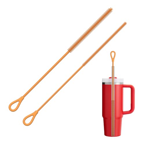 YOTIME Silicone Straw Cleaner Brush, 2Pcs Reusable Straw Brush Extra Long for Cleaning Tumbler with Handle and Glass Metal Smoothie Straws, Non-slip Handle Soft and Bendable, 6mm+9mm, Orange - color: Orange