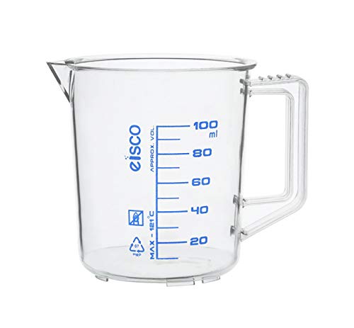 EISCO Measuring Jug, 100ml - TPX Plastic Printed Graduations Chemical Resistant, Autoclavable Short Form Handle with Thumb Grip- Eisco Labs