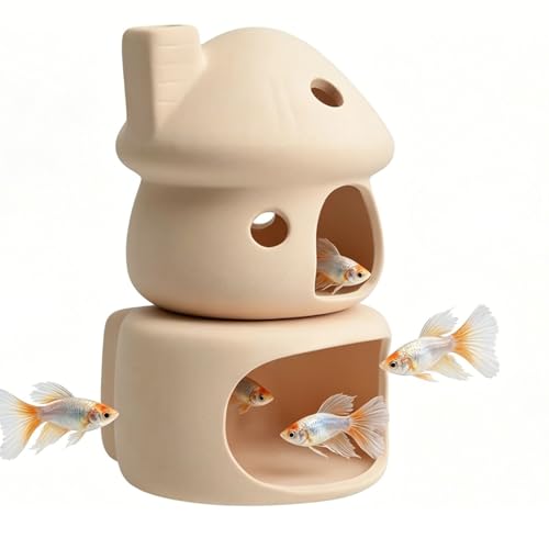 Ceramic Mushroom House Aquarium Decor Set – Natural No Paint Fish Tank Cave Hideout for Betta, Shrimp, Pleco & Goldfish, Safe Spawning Cave Ornament - Beige - color: Beige Set