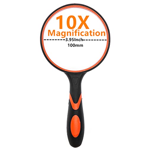 Magnifying Glass 10X Handheld Reading Magnifier with Cleaning Cloth-100MM 4INCHES Large Magnifying Lens with Non-Slip Soft Handle for Seniors Book Newspaper Reading and Kids Nature Hobby Exploration