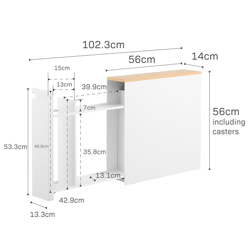 YAMAZAKI Home Pull-Out Bathroom Storage Cabinet – Slim Bathroom Storage Cabinet with Wood Top, Steel Organizer for Toilet Paper and Cleaning Supplies, Modern Space-Saving Design, White - Steel + Wood - color: White