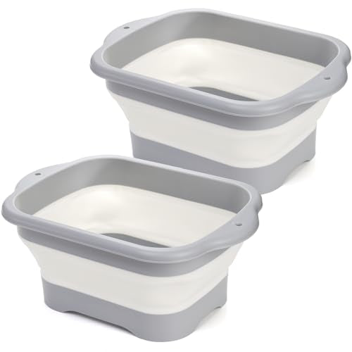 Nicunom 2 Pack Collapsible Wash Basin, 11L Large Collapsible Dish Tub with Drain Plug 3 Gallons Portable Sink Dish Basin Foldable Dishpan Space Saving for RV, Camping Dish Washing Tub