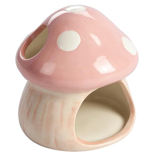 Cute Aquarium Mushroom House Betta Fish Tank Accessory Decor Mini Ceramic Fish Hideout Shrimp Cave Ornament (Pink)