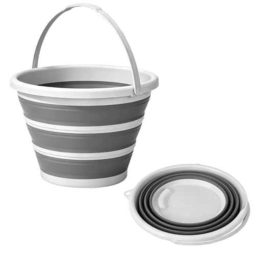 Collapsible Bucket with Handle 10L (2.6Gal), BPA Free Foldable Round Plastic Water Bucket, Portable Space Saving Tub for Car Washing Gardening Camping Fishing Home Cleaning (Grey, 10L) - color: Gray, size: 10L