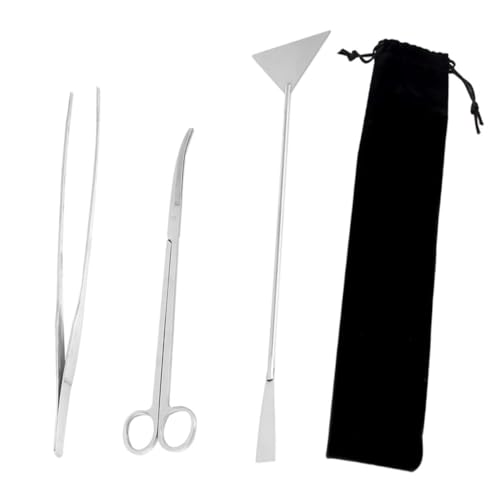 POPETPOP 1 Set Stainless Steel Aquarium Cleaning Tool Aquascaping Kit with Straight and Curved Tweezers Scissors and Storage Pouch for Fish Tank Maintenance and Plant Care