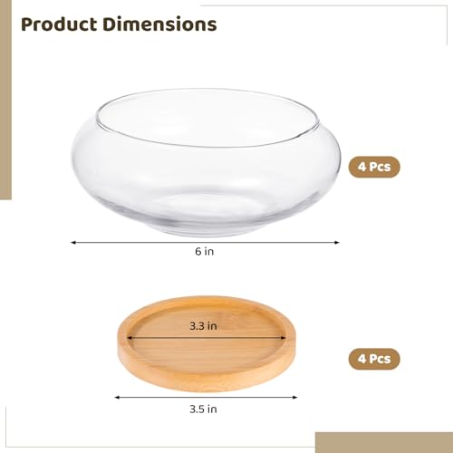 4PCS Lotus Bowl Planter with Wood Tray, 6 Inch Round Glass Vase for Hydroponics, Glass Fish Bowl, Bowl Planter for Plants Indoor Windowsill, Home Decor (4PCS)