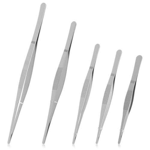 5 Pcs Stainless Steel Tweezers, Long Cooking Tweezers for Crafts with Precision Serrated Straight Tips, Non-slip Kitchen Tweezer for Crafting Baking Tank Aquarium Terrarium (16/17.5/19.5/25/30cm)