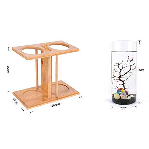Dual Chamber Bamboo Desktop Aquarium - Mini Betta Fish Tank with LED Light, 360° View Glass Tanks for Goldfish or Small Fish, Home Office Decor