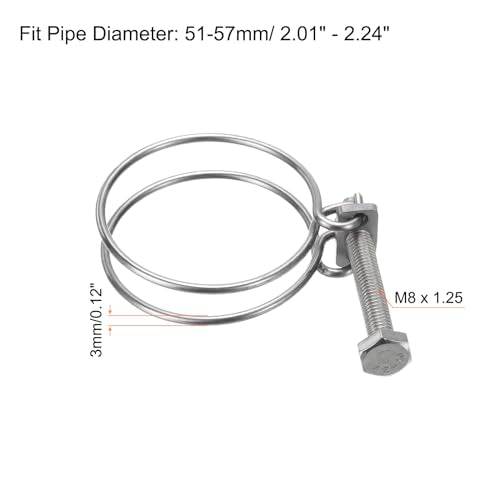 uxcell 6Pcs Double Wire Hose Clamp, 51-57mm Adjustable Stainless Steel Wire Hose Clips with M8 Bolt for Dust Collection Hose, Pump Hose Pipe - size: 51-57mm