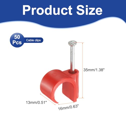 HARFINGTON 50pcs Cable Clips with Nail 16mm Circular Single Hook Half Clamp J-Hook with Nail Cord Clips for Wires on Wall for Ethernet Tacks Coax Pex Tubing Pipe Support, Red - color: Red, size: 16mm