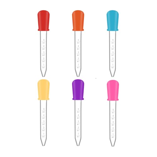 6 Pack Liquid Pipettes Droppers Silicone 5ml Clear Medicine Eye Dropper with Measurement Scale and Colored Bulbs for Resin Crafting Kitchen Measuring Beauty Serum Dispensing (6 Colors)