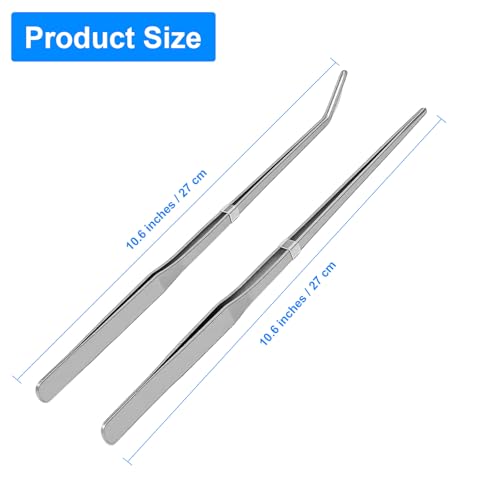 2 Pcs Reptile Feeding Tongs, 10.6IN Straight & Curved Extra Long Tweezers, Premium Stainless Steel Feeding Tools for Bearded Dragon, Lizards, Snakes, Aquarium & Terrarium