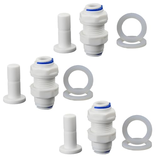 3/8" Push-Fit Bulkhead Fitting for RO Water Systems, 3 Pcs | Plastic quick-connect bulkhead fitting for reverse osmosis filters, water purifiers & filtration systems. Panel mount adapter - style: 3/8-inch Partition Fitting