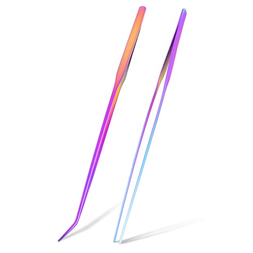 Mandala Crafts 15 Inches Rainbow Stainless Steel Straight and Curved Aquarium Tweezers for Aquatic Plants – Long Aquascape Forceps for Fish Tanks, Hospital Tanks, Goldfish Bowls, and Terrariums - color: Rainbow Curved Straight Tweezers, size: 15 Inches
