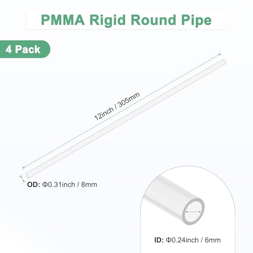 M METERXITY 4-Pack Clear Rigid Acrylic Pipe, 6mm[0.24"] ID x 8mm[0.31"] OD Plastic Round Tube for Water Cooling System/Lamps/Fountains/Aquariums/Display Stand, Acrylic Tubing [305mm/12IN] - size: 6mm ID x 8mm OD