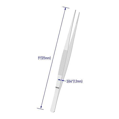 5 Inch Stainless Steel Tweezers, Straight pointed Serrated Tips, Perfectly Aligned, 3/64 Inch Thickness Stainless Steel, Multipurpose Daily Garden Home Lab Craft Repairing Tool - size: 5"L(3/64"T)