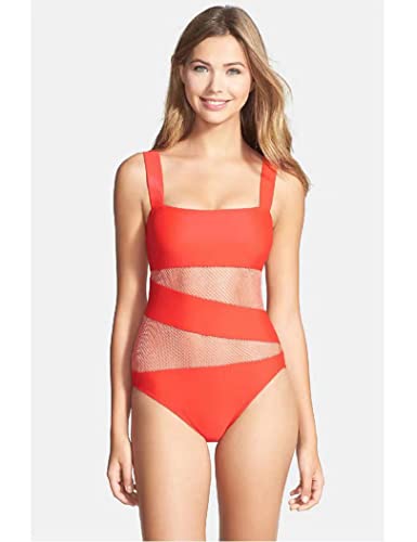 Women's Mesh Swimsuits One Piece Cutout Bathing Suits Backless Hollow Out Swimwear Sexy See Through High Cut Monokini - color: Watermelon, size: 8