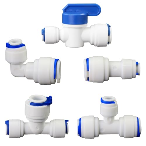 1/4" to 3/8" Push-Fit Fittings Set for RO System, 5 Pcs | Includes globe valve, 3-way tee, elbow & straight coupling for 5-stage reverse osmosis RO DIY water purification systems. - style: 1/4 turn 3/8 quick connect straight elbow three-way ball valve col