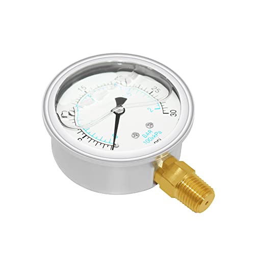 Joywayus Pressure Gauge 0-30 PSI Brass 1/4" NPT Male Thread Lower Mount, Glycerin Filled, Stainless Steel Case, Multiple Function - size: 0-30PSI--1/4", style: Glycerin Filled