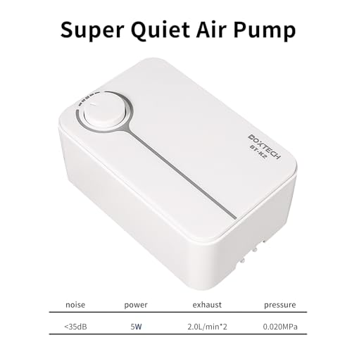 boxtech Upgrade Aquarium Air Pump, Ultra-Quiet Fish Tank Oxygen Pump with Adjustable Airflow, Powerful Air Pump with 2 Outlets to Pump Rich and Fine Air Bubbles - color: White-K2 5W