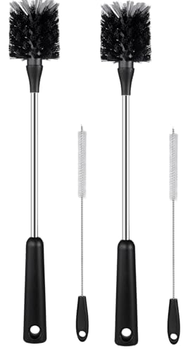 4 Pack Water Bottle Brushes with Straw Cleaner, Stainless Steel Handle Baby Bottle Brush Cleaner, Kitchen Scrub Cleaning Brushes for Cup, Wine Glasses, Coffee Mugs, Tumblers, Wine Decanters, Black - style: 2 Bottle Brushes With 2 Straw Brush