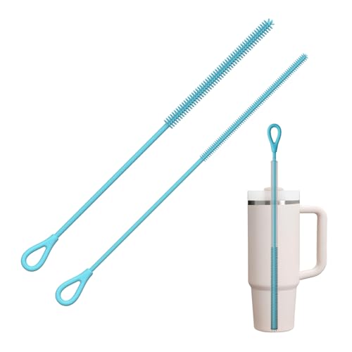 YOTIME Silicone Straw Cleaner Brush, 2Pcs Reusable Straw Brush Extra Long for Cleaning Tumbler with Handle and Glass Metal Smoothie Straws, Non-slip Handle Soft and Bendable, 6mm+9mm, Blue - color: Blue