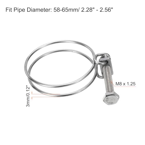 uxcell 6Pcs Double Wire Hose Clamp, 58-65mm Adjustable Stainless Steel Wire Hose Clips with M8 Bolt for Dust Collection Hose, Pump Hose Pipe - size: 58-65mm