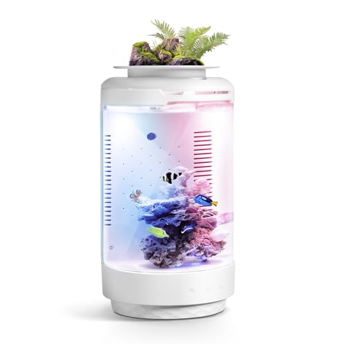 FZONE 1.2Gal Small Fish Tank with Plant Pot, All-in-one Desktop Aquarium Kit with Adjustable 4 Color Light Modes,20dB Filtration Pump,Detachable Backdrop,Invisible Touch Switch, Office & Home Decor