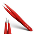 Pointed Tweezers | High Carbon Stainless Steel Needle Nose | Fine Point Precision Hair Removal | Perfectly Aligned & Hand-Filed Sharp | Red - color: Red