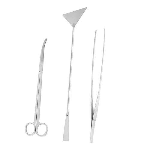 COLLBATH 3-pc Set Aquarium Cleaning Tool Kit Curved Scissors Straight Tweezers Shovel Stainless Steel Non-Slip Handle