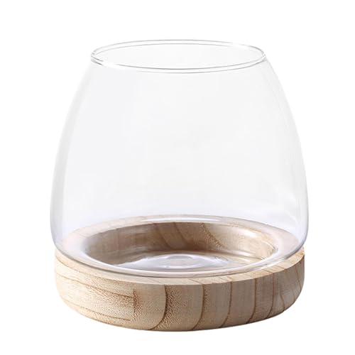 Glass Fish Bowl with Wooden Base, Transparent Small Aquarium Desktop Tank Vase Plant Terrarium Vase Home Decor, Multipurpose Aquarium Bowl for Betta Fish Goldf-ish - size: Diameter - 15cm