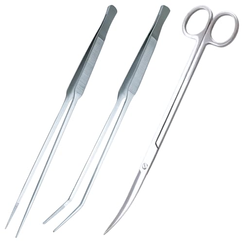 3-Piece Aquascaping Tools Set – 25cm / 9.8in Straight & Curved Long Tweezers, Scissors, Fine Tip 1mm – Aquarium Plant Care, Terrarium Tools