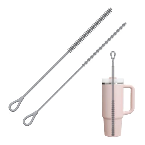 YOTIME Silicone Straw Cleaner Brush, 2Pcs Reusable Straw Brush Extra Long for Cleaning Tumbler with Handle and Glass Metal Smoothie Straws, Non-slip Handle Soft and Bendable, 6mm+9mm, Gray - color: Gray